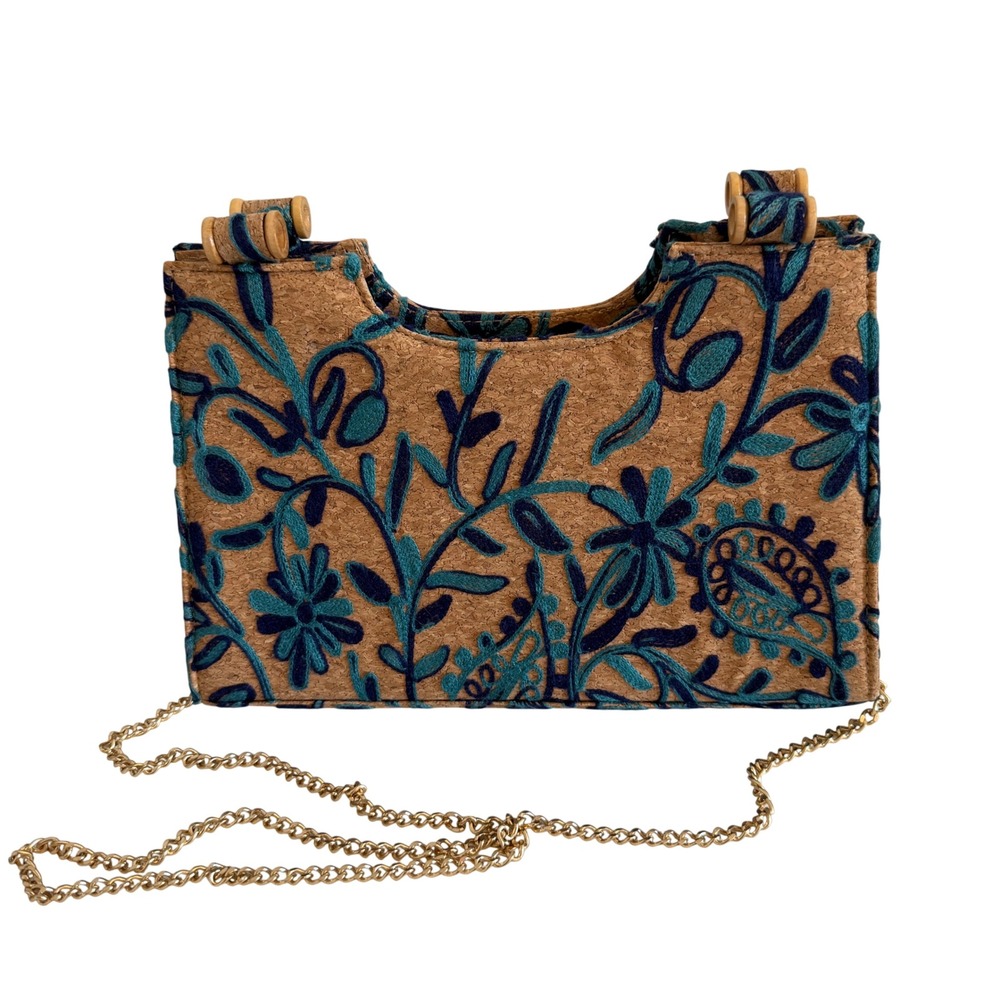 Embroidered Cork Floral Handbag Blue Teal Gold Chain Strap‎ Wood Accents Boho
